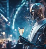 Futuristic human man in elegant dress celebrating new year's night in nightclub --ar 16:9 --v 5.2 Job ID: 81e50c54-f84b-4de1-9640-5d2a5d127099