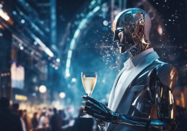 Futuristic human man in elegant dress celebrating new year's night in nightclub --ar 16:9 --v 5.2 Job ID: 81e50c54-f84b-4de1-9640-5d2a5d127099