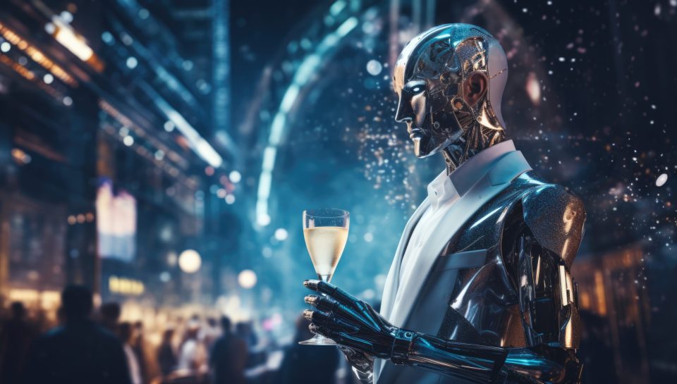 Futuristic human man in elegant dress celebrating new year's night in nightclub --ar 16:9 --v 5.2 Job ID: 81e50c54-f84b-4de1-9640-5d2a5d127099